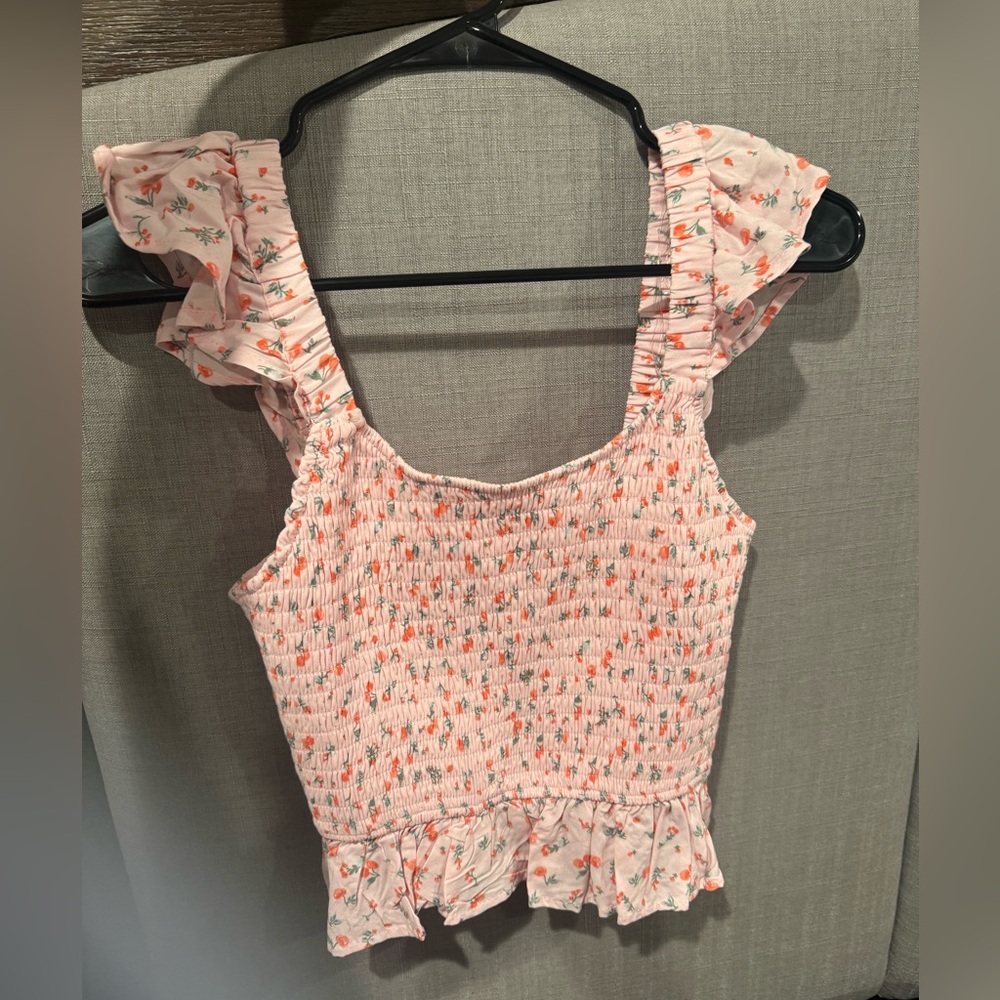 Wallflower Pink Floral Smocked Ruffle Tank